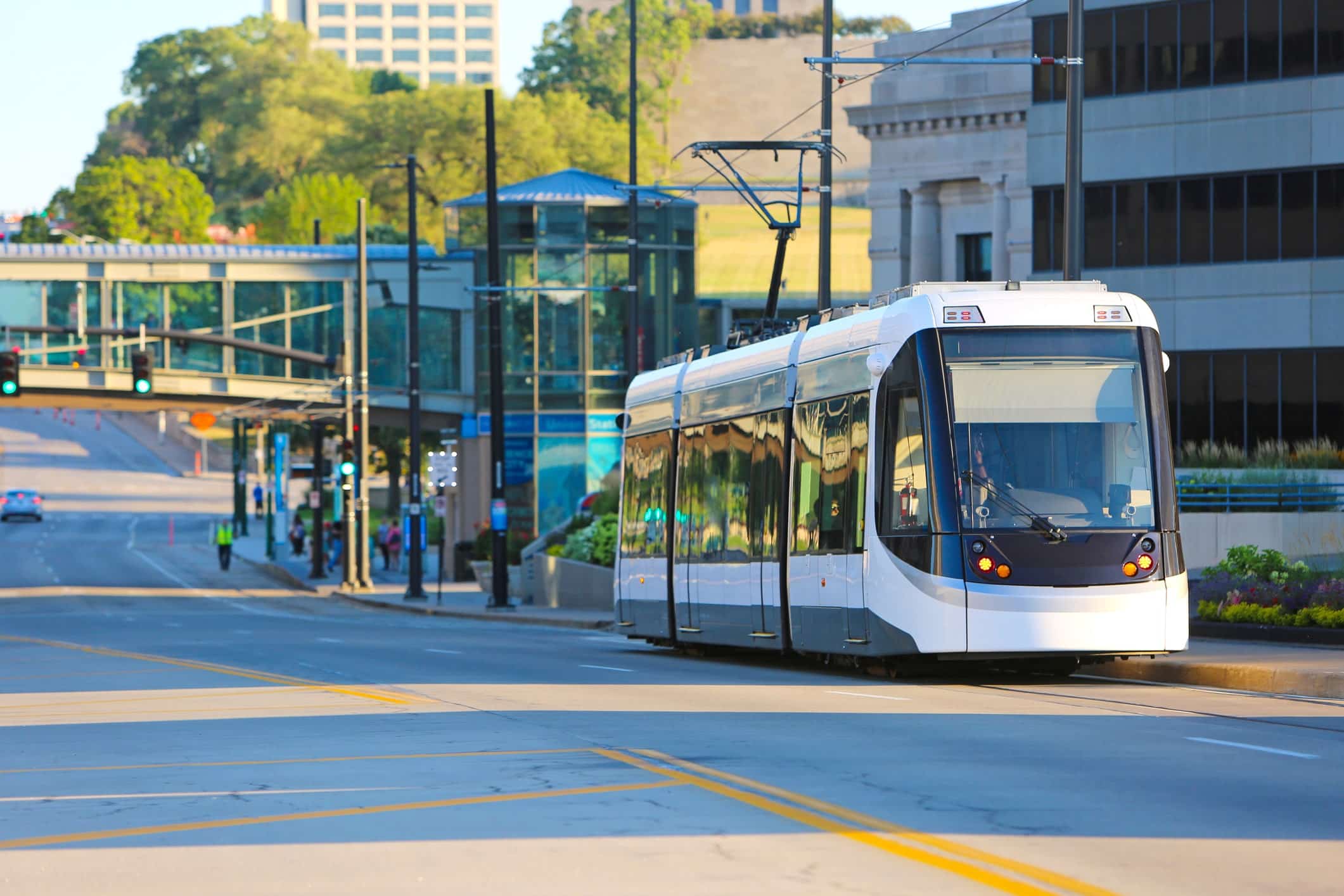 The Kansas City streetcar heads downtown as it pulls away from Union Station.