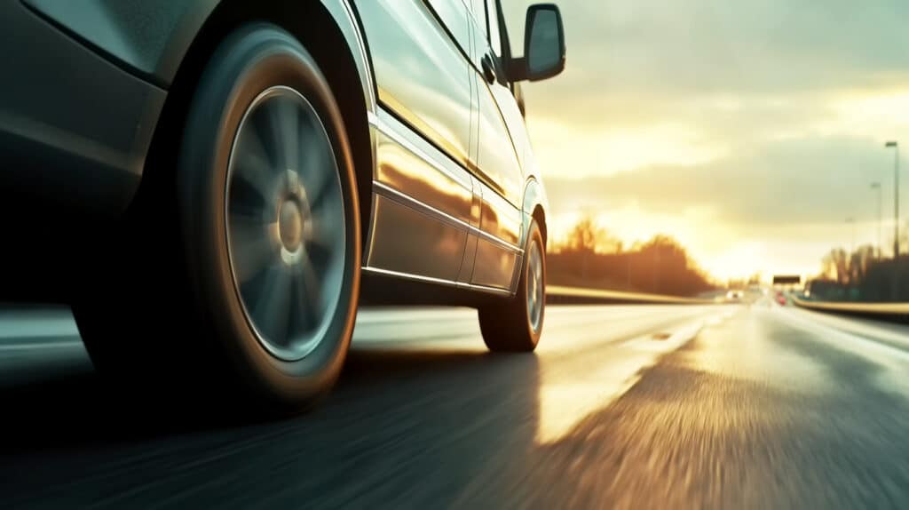 Car rushes along the highway at sunset , low angle side view